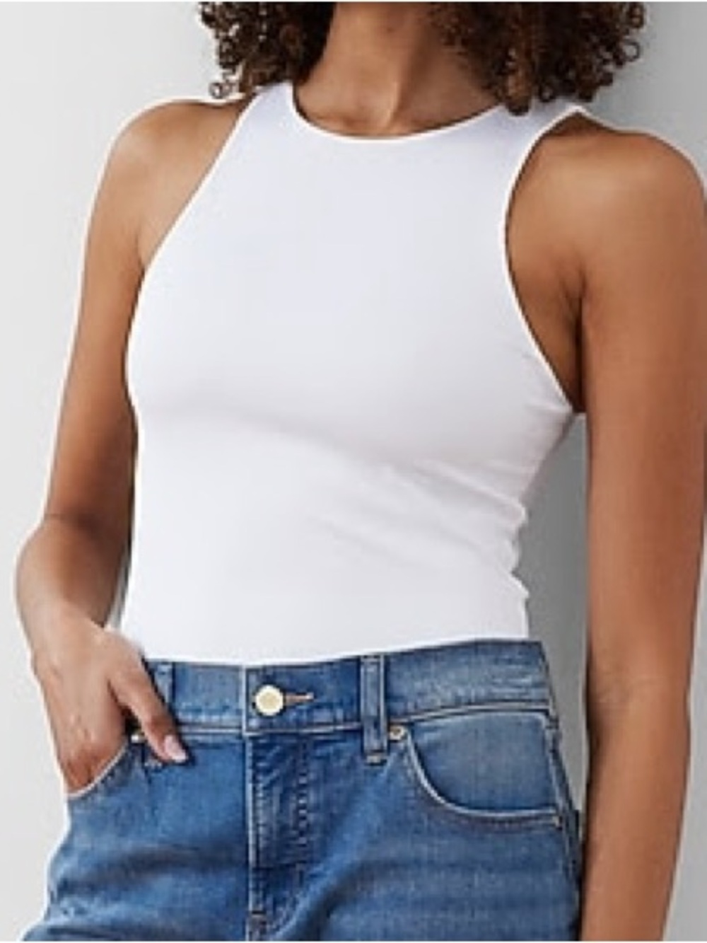 Express Body Contour Ribbed High Neck Thong Bodysuit White Small